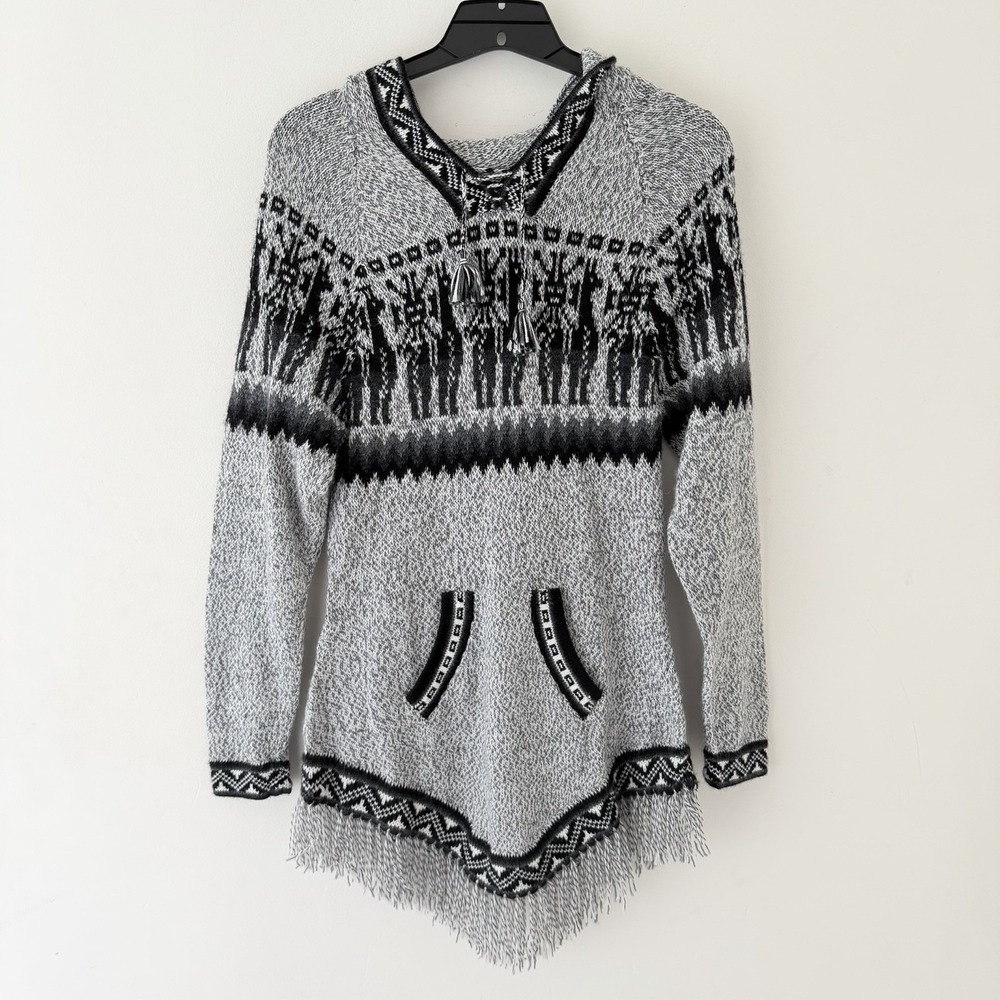 Artesania Baja Hoodie Sweater Womens L Gray Alpaca Boho‎ Aztec Fringe Peru